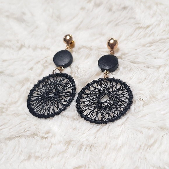 Black Mandala 🖤 Gold Round Dangle Earrings - Picture 2 of 4